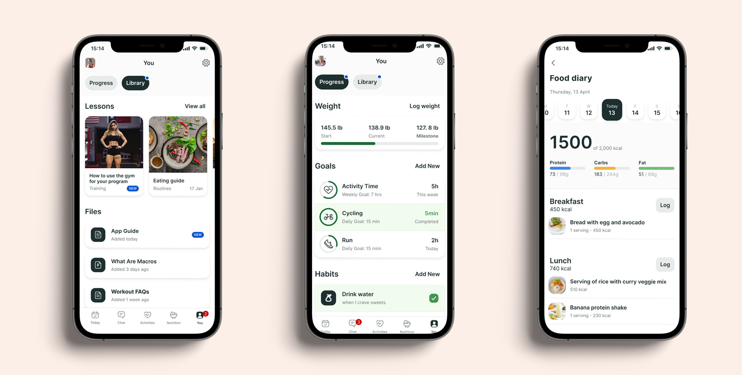 A mockup of the coaching app showcasing the different features.
